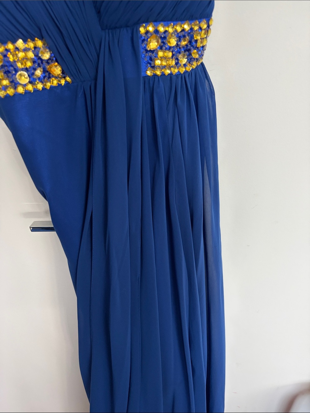 Sapphire Blue Maxi Dress with Gold Crystal Waist